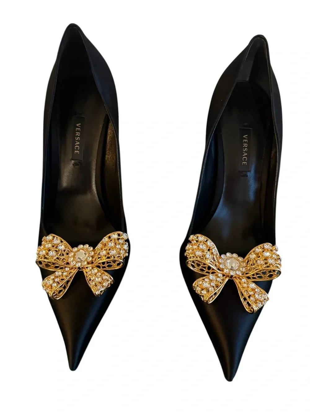 Versace Black Satin Pumps With Embellished Gold & Crystal Bow Sz EU40/US10 (New)